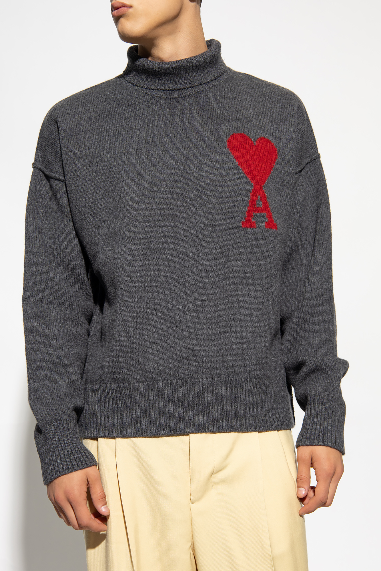 Grey Turtleneck sweater with logo Ami Alexandre Mattiussi